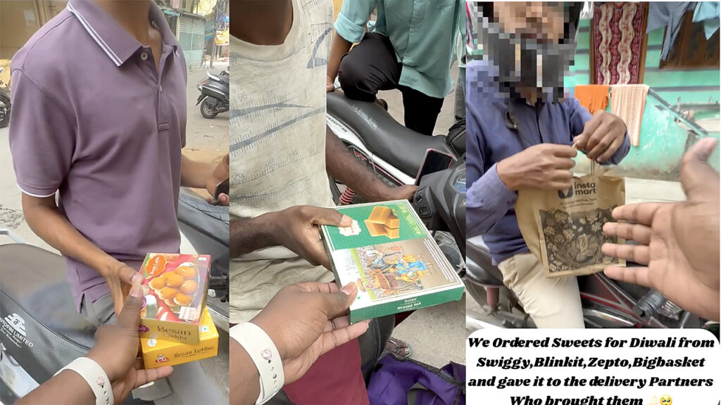 Hyderabad man celebrates Diwali uniquely by gifting sweets to delivery agents who brought his online orders. Video goes viral for its touching gesture.