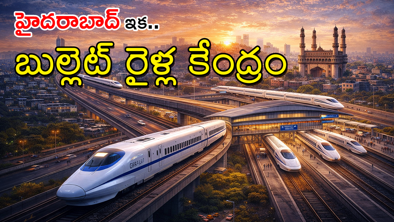 Hyderabad bullet train hub with high-speed trains passing near Charminar and elevated rail tracks at sunset
