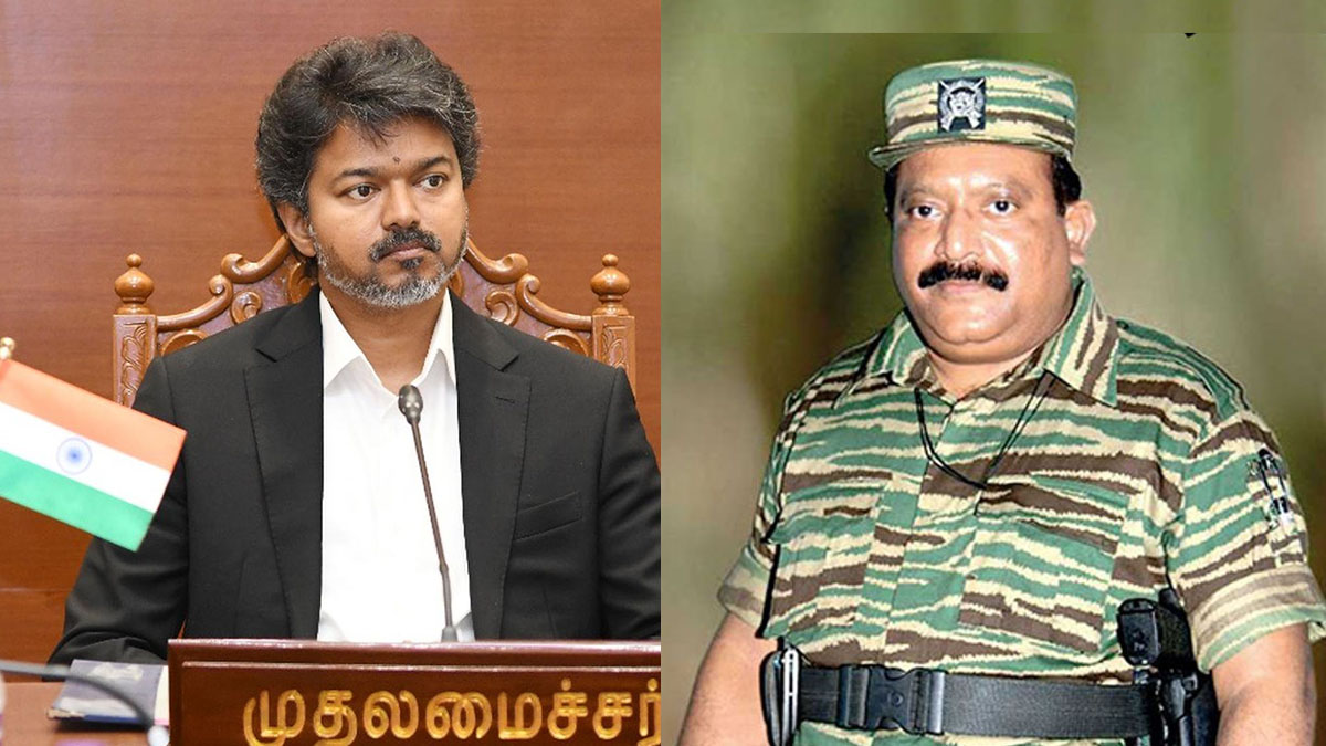 తమిళనాడు సీఎం విజయ్ మరియు ఎల్‌టిటిఈ వ్యవస్థాపకుడు ప్రభాకరన్ ఫోటోలు