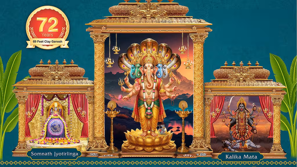 Khairatabad Ganesh 2026 Panchamukha Sankatahara Maha Ganapati theme poster with Somnath Jyotirlinga and Kalika Mata